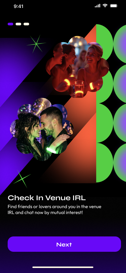 Glowpal app onboarding screen — Check In Venue IRL